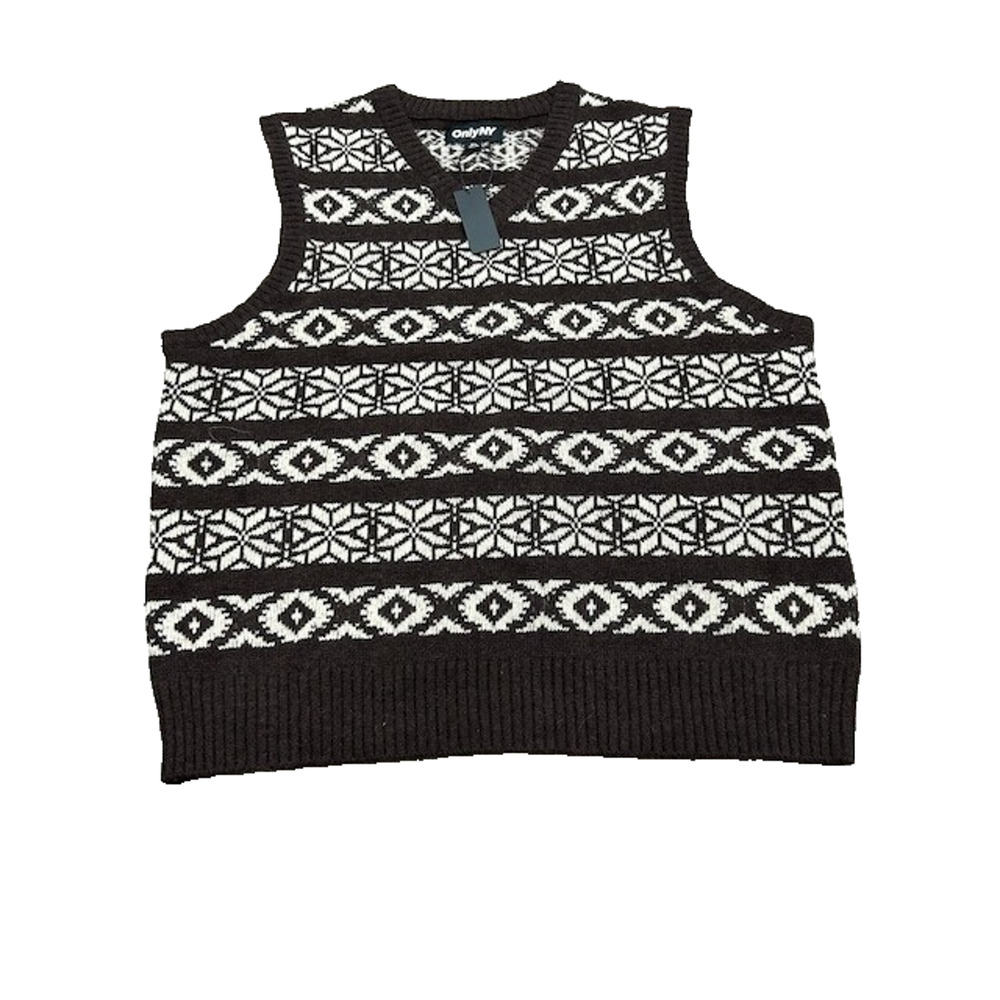 NWT Only NY Mens Lambs Wool Sweater‎ Vest Fair Isle Knit Brown Beige Size XL